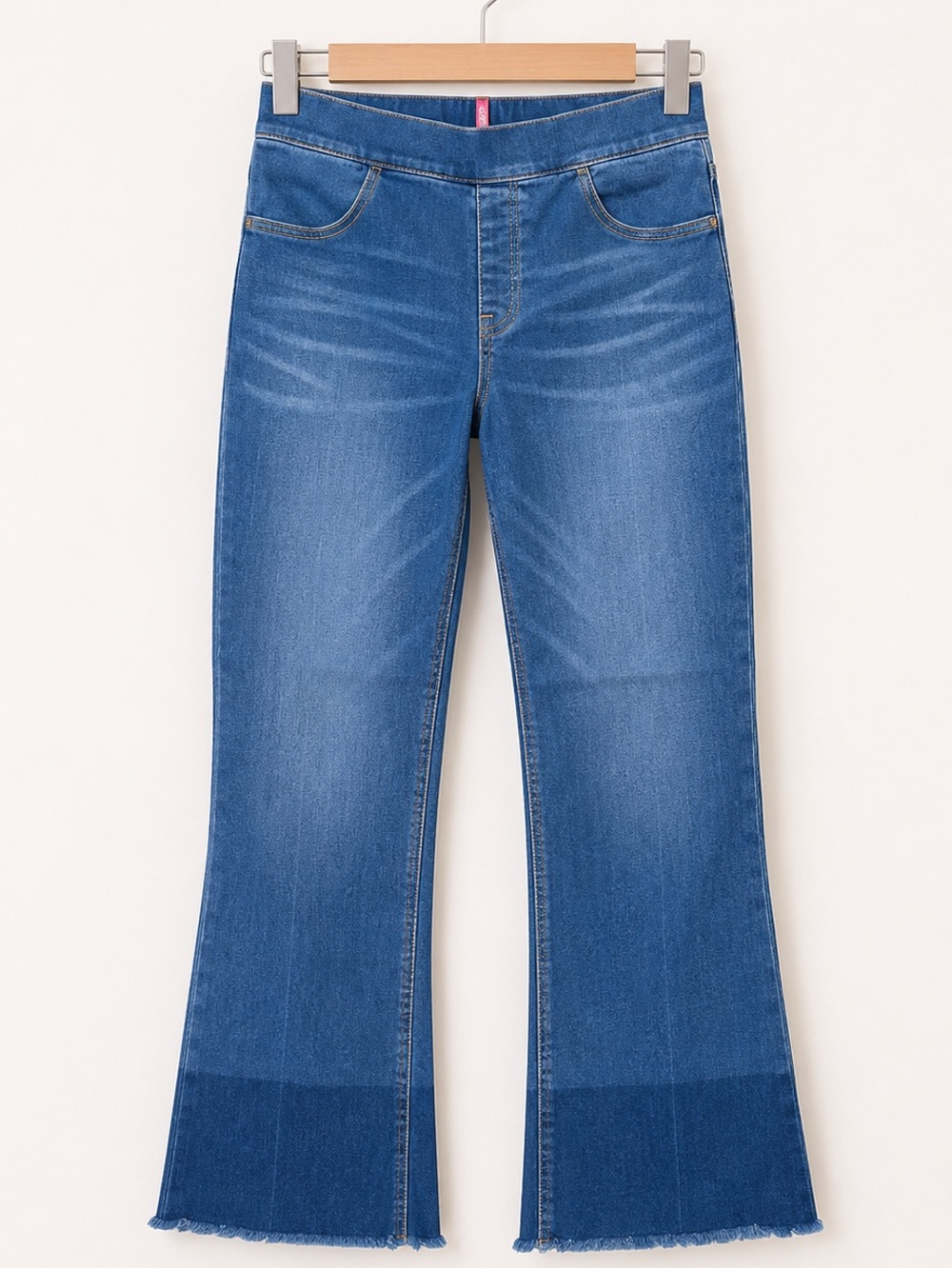 SPANX Pull-On Flare Crop Jeans Women’s L/G Dark Wash Raw Hem Stretch Denim